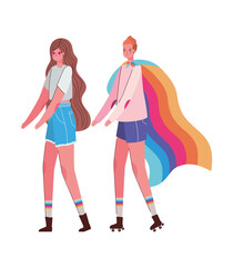 Women cartoons with costumes and lgtbi flag vector design