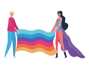 Woman and man cartoon with costume and lgtbi flag vector design