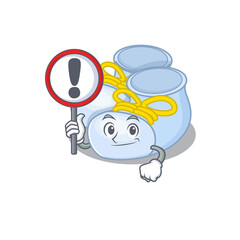 A cartoon icon of baby boy boots with a exclamation sign board