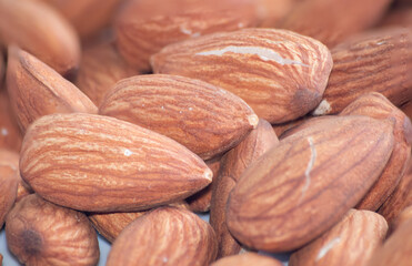 Organic almond nuts  top view. Healthy snack