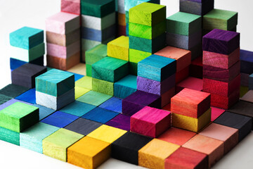 Fototapeta na wymiar Spectrum of stacked multi-colored wooden blocks. Background or cover for something creative, diverse, expanding, rising or growing.