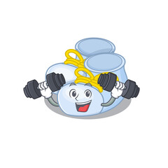 Baby boy boots mascot design feels happy lift up barbells during exercise