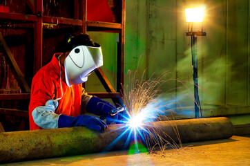 Close up Welders working at the factory made metal