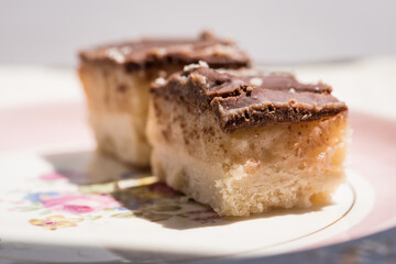 two yummy sweet treats on antique plate.  caramel , and cookie crust with chocolate frosting dessert with white background