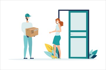 Courier in a medical mask delivers the package during quarantine. Safe Delivery Concept with Social Distance