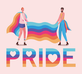 Woman and man cartoons with lgtbi pride text and flag vector design