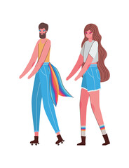 Obraz na płótnie Canvas Woman and man cartoon with costume and lgtbi flag vector design