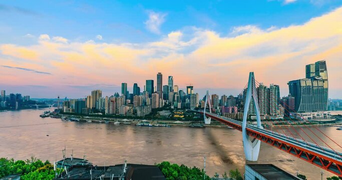 Chongqing city skyline and buildings at sunrise,China.Time-lapse photography.