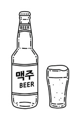 Korean bottled beer and a glass of beer. The letters written on the label mean beer in Korean. Vector line art illustrations set.