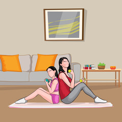 mother and daughter yoga in home