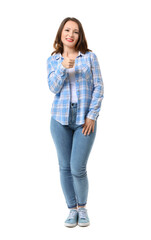 Fototapeta premium Beautiful young woman showing thumb-up gesture on white background