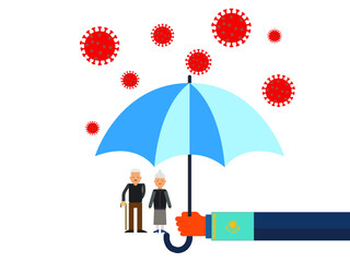 Old people under the umbrella are protected from the coronavirus COVID-19. A hand with an umbrella protects the family from the coronavirus. Vector illustration. government protec old people