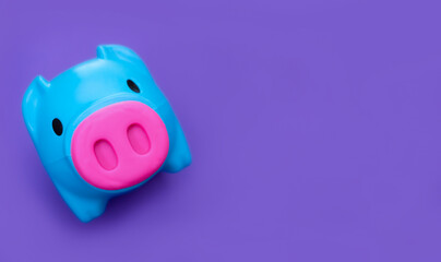 Piggy bank isolated on purple background. Money saving