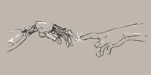 Hand drawn finger of robot and human hands touching with fingers, Virtual Reality or Artificial Intelligence Technology Concept sketch science concept vector illustration.