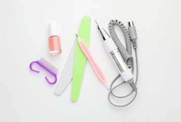 Supplies for manicure on white background