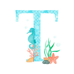 Fototapeta na wymiar English alphabet Letter T Monogram with watercolor marine design - seahorse seaweed coral starfish. Isolated on white background Hand painting illustration. Font for design greeting cards and other.