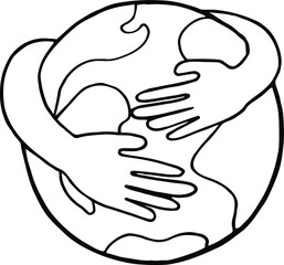 Vector illustration black and white. World environment day. Arms embrace the planet. Doodle.