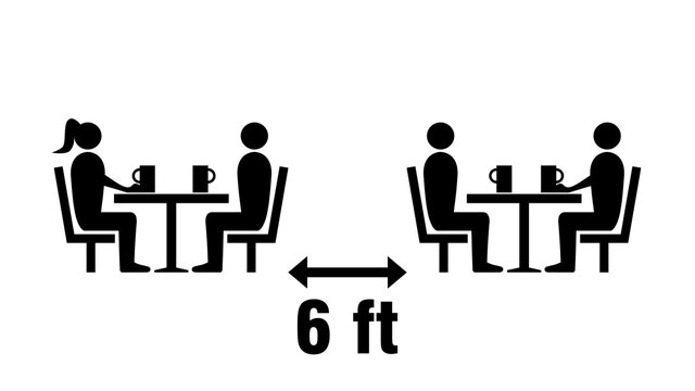 Social Distancing Keep a Safe Distance of 6 ft or 6 Feet between the Tables in Cafe or Restaurant Icon. Vector Image.