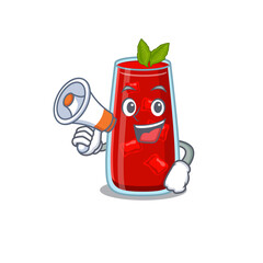 Mascot design of bloody mary cocktail announcing new products on a megaphone