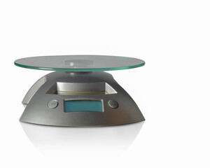 Front view Silver Digital Scales on white background, technology,copy space