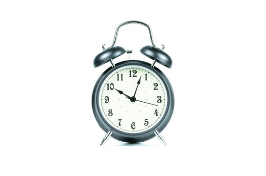 black retro alarm clock with bells on isolated  white background, showing ten o'clock..
