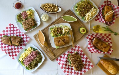 High angle shot of various delicious and mouth watering dishes isolated on a white background