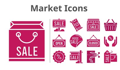 market icons set. included shopping bag, sale, shop, voucher, closed, discount, shopping-basket, open, trolley icons. filled styles.