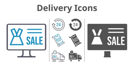 delivery icons icon set included online shop, 24-hours, delivery truck, trolley icons