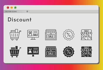 discount icon set. included online shop, shop, shopping cart, discount icons on white background. linear, filled styles.