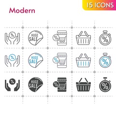 modern icon set. included online shop, sale, discount, shopping-basket, shopping basket, stopwatch icons on white background. linear, bicolor, filled styles.