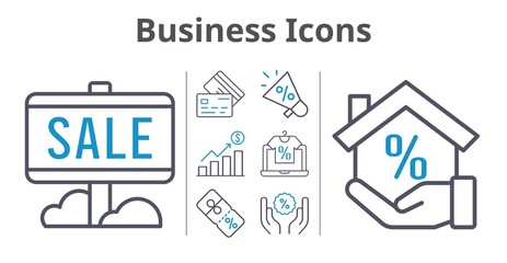 business icons set. included profits, megaphone, online shop, sale, mortgage, discount, credit card icons. bicolor styles.