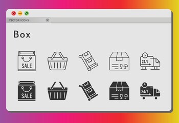 box icon set. included shopping bag, package, shopping-basket, delivery truck, shopping basket, trolley icons on white background. linear, filled styles.