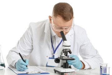 Scientist working with microscope on white background