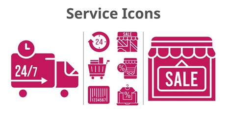service icons set. included online shop, 24-hours, shop, shopping cart, delivery truck, barcode icons. filled styles.