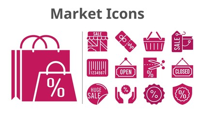 market icons set. included shopping bag, sale, shop, voucher, discount, warranty, closed, shopping-basket, barcode, open icons. filled styles.