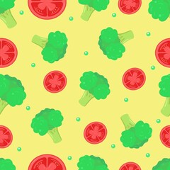 Colorful vegetables seamless pattern with tomatoes and broccoli on yellow background. Vector illustration for print, textile, wallpaper.