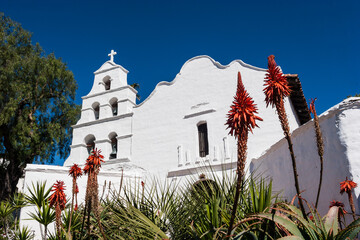 Red Flowers From Agave Cactus at Mission San Diego de Alcala ,San Diego,California, USA