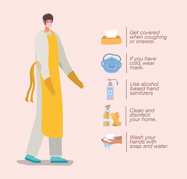 Cook Man With Mask Apron Gloves And Prevention Tips Vector Design