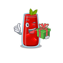 joyful bloody mary cocktail cartoon character with a big gift box