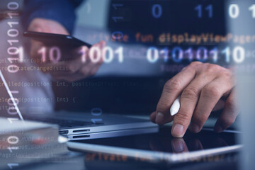 Programmer coding computer for digital software technology development concept