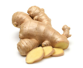 Fresh ginger root and sliced isolated on white background,For cooking and as a Thai herbal medicine.