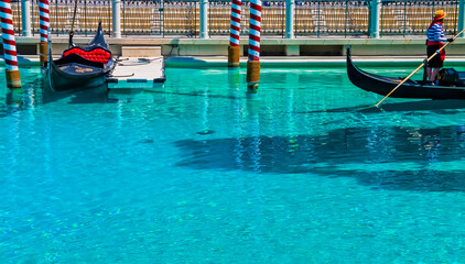 Gondolas Docked on Replica Grand Canal, The Strip, Las Vegas, Nevada, USA