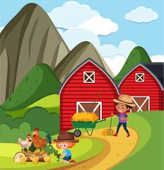 Farm scene with boy and girl working on the farm