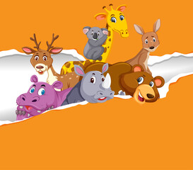 Background template design with wild animals on orange paper