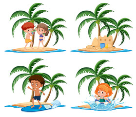 Group of kids vacation activities on the tropical island cartoon character on white background