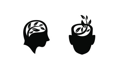 set collection head face with leaf black white logo icon design illustration