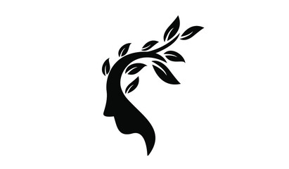 head face with leaf black white logo icon design illustration