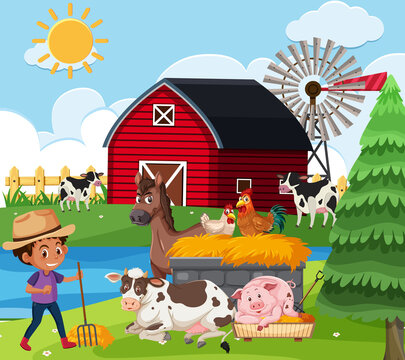 Farm scene with boy and many animals on the farm