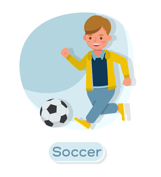Children character vector design. Presentation in various action with emotions and soccer.