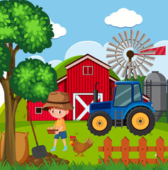 Farm scene with boy and fresh eggs on the farm
